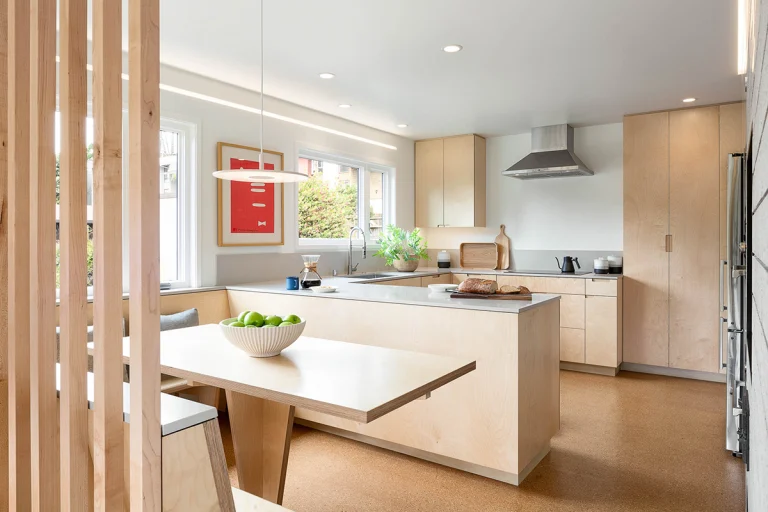 diamond heights eichler san francisco mid century modern sustainable remodel kitchen counter quartz solid surface cork flooring wood slat screen banquette breakfast bar birch appleply 2 copy 1 768x512